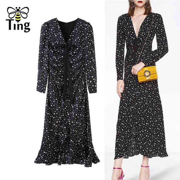 designer france chic star print midi long dress vintage elegant ruffles hem party dresses lady work vestidos 210513, Black;gray
designer france chic star print midi long dress vintage elegant ruffles hem party dresses lady work vestidos 210513, Black;gray