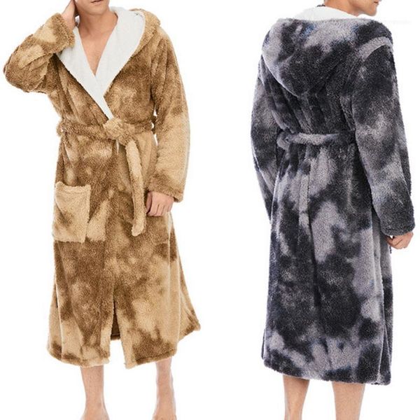 men's sleepwear winter warm flannel bathrobe men knee-length bath robe soft thick tie-dye print plush hooded robes male dressing gown s, Black;brown 
men's sleepwear winter warm flannel bathrobe men knee-length bath robe soft thick tie-dye print plush hooded robes male dressing gown s, Black;brown