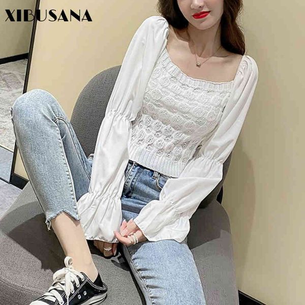 women square neck knitted shirts pullover spring autumn female long sleeve casual chic chiffon patchwork sweater crop 210423, White
women square neck knitted shirts pullover spring autumn female long sleeve casual chic chiffon patchwork sweater crop 210423, White