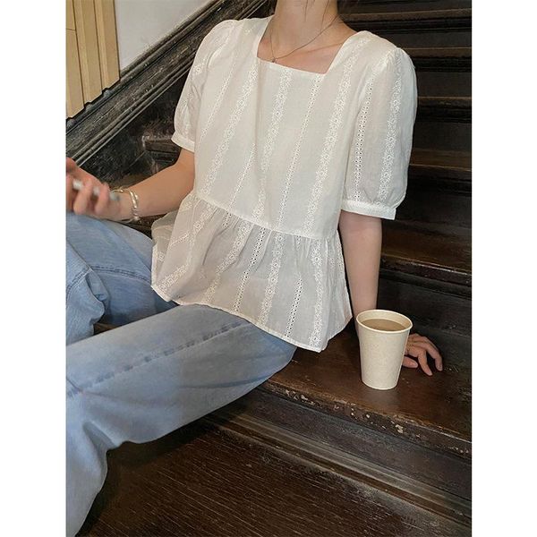 women's blouses & shirts 2021 summer square neck short sleeve korean ruffle high waist shirt 80505, White