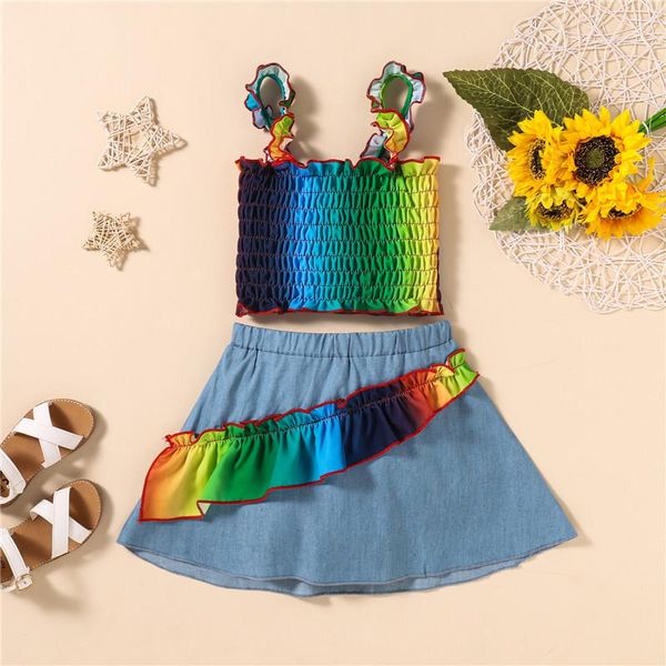 clothing sets 2-6y fashion children girls summer kids outfits rainbow ruffles tanks +denim mini skirts holiday clothes, White
clothing sets 2-6y fashion children girls summer kids outfits rainbow ruffles tanks +denim mini skirts holiday clothes, White