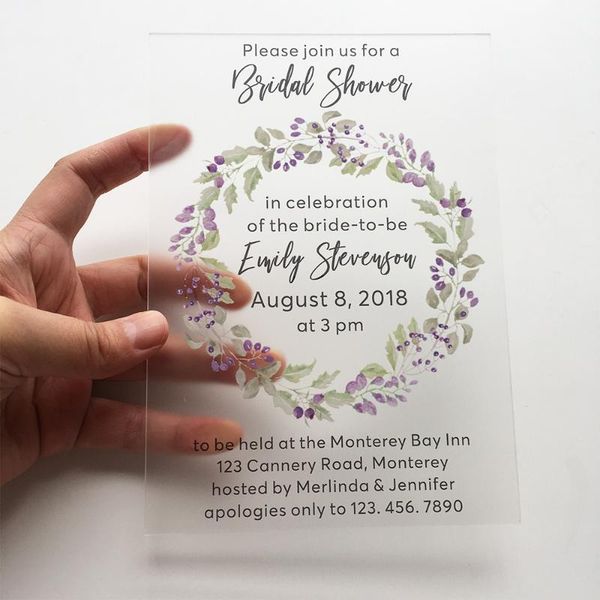 greeting cards 20pieces per lot customized purle wreath watercolor style 5x7inch frosted acrylic wedding bridal shower invitation card
greeting cards 20pieces per lot customized purle wreath watercolor style 5x7inch frosted acrylic wedding bridal shower invitation card