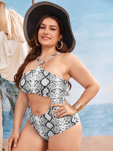 plus snakeskin print cut-out one piece swimsuit x5a3#, Black