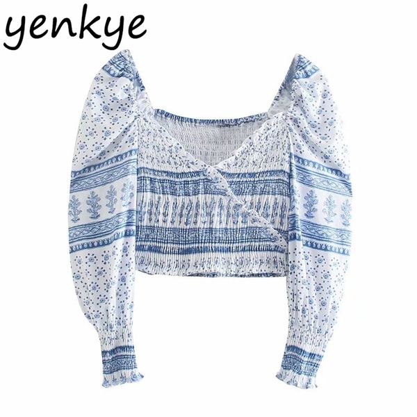 blue print white elastic crop women v neck long sleeve summer fashion blusas short blouse 210514
blue print white elastic crop women v neck long sleeve summer fashion blusas short blouse 210514