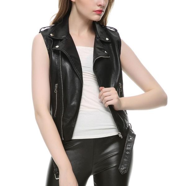 women's leather & faux nice women vest sleeveless jacket turn-down collar pockets colete feminino pu waistcoat coat, Black
women's leather & faux nice women vest sleeveless jacket turn-down collar pockets colete feminino pu waistcoat coat, Black