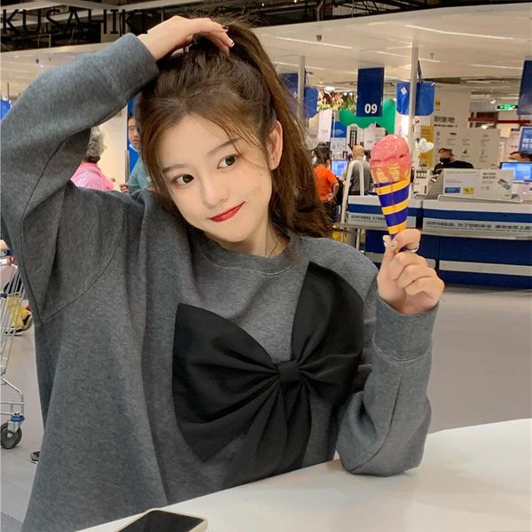 women's hoodies & sweatshirts kusahiki sweet chic bowknot pullover sweatshirt causal long sleeve o-neck 2021 autumn women jumper 6v287, Black
women's hoodies & sweatshirts kusahiki sweet chic bowknot pullover sweatshirt causal long sleeve o-neck 2021 autumn women jumper 6v287, Black