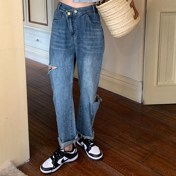 women's jeans black design sense pierced high waist thin irregular closure double button tear tassel wide leg, Blue
women's jeans black design sense pierced high waist thin irregular closure double button tear tassel wide leg, Blue