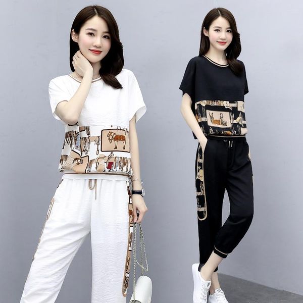 women's two piece pants summer large size women sets 2021 fashion casual female sportswear suit printed short sleeve tshirts+ two-piece, White 
women's two piece pants summer large size women sets 2021 fashion casual female sportswear suit printed short sleeve tshirts+ two-piece, White