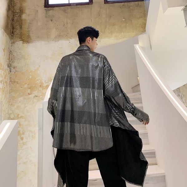 men's casual shirts stage clothes men long sleeve silvery stripe style irregular shirt cardigan male streetwear punk gothic loose, White;black
men's casual shirts stage clothes men long sleeve silvery stripe style irregular shirt cardigan male streetwear punk gothic loose, White;black