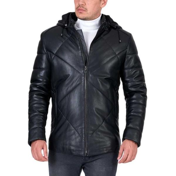 men's leather & faux hooded genuine black zipper coat 
men's leather & faux hooded genuine black zipper coat