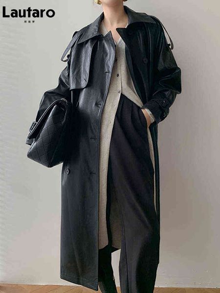 lautaro autumn long oversized black faux leather trench coat for women raglan long sleeve double breasted brown korean fashion 211118
lautaro autumn long oversized black faux leather trench coat for women raglan long sleeve double breasted brown korean fashion 211118
