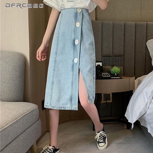 light blue single button mid-long a-line womens skirt denim 2021 summer high waist split vintage jean skrits female saia skirts, Black
light blue single button mid-long a-line womens skirt denim 2021 summer high waist split vintage jean skrits female saia skirts, Black