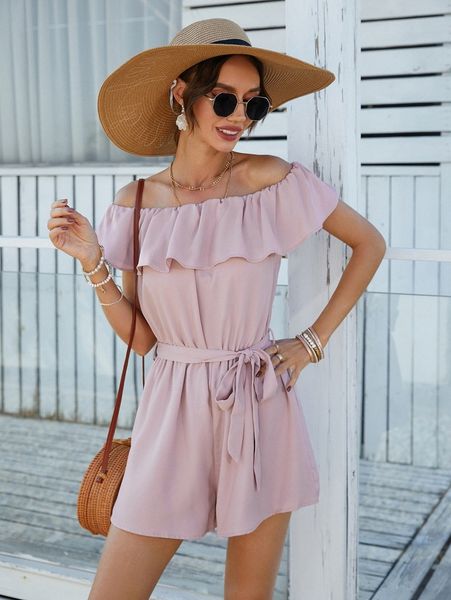 ruffle off shoulder self belted romper c7o8#, White 
ruffle off shoulder self belted romper c7o8#, White