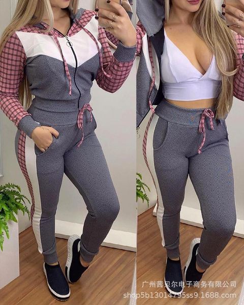 women's two piece pants plaid stitching long-sleeved casual hood suit trousers women autumn 2021, White
women's two piece pants plaid stitching long-sleeved casual hood suit trousers women autumn 2021, White