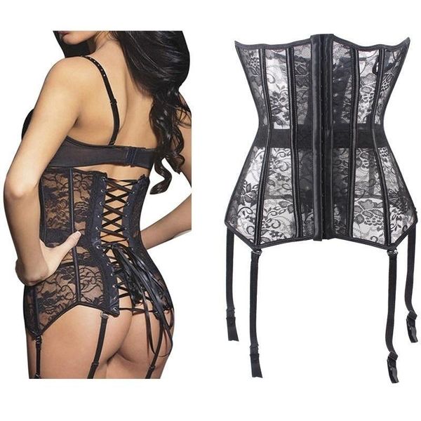 women's shapers black corset lingerie see-through lace steel boned firm lace-up under bust waist with garters suspender, Black;white
women's shapers black corset lingerie see-through lace steel boned firm lace-up under bust waist with garters suspender, Black;white
