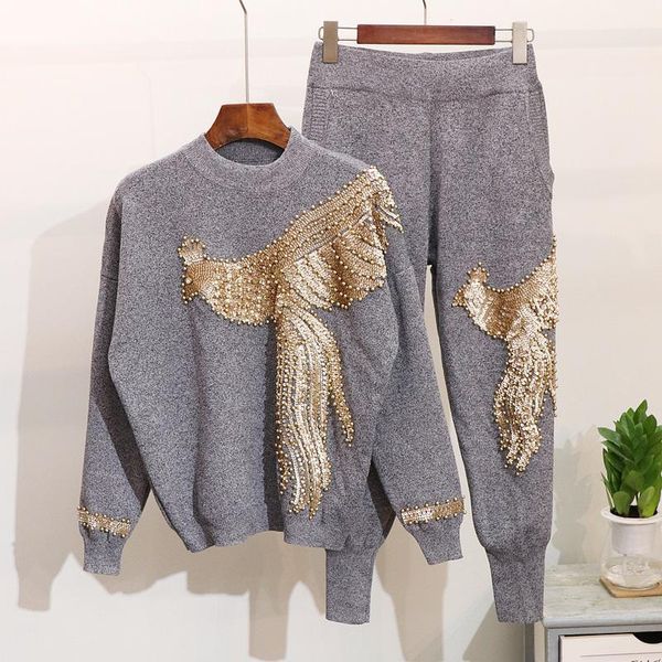 women's two piece pants women winter knit sequins phoenix 2 set with beads loose sweater and two-piece suit, White
women's two piece pants women winter knit sequins phoenix 2 set with beads loose sweater and two-piece suit, White