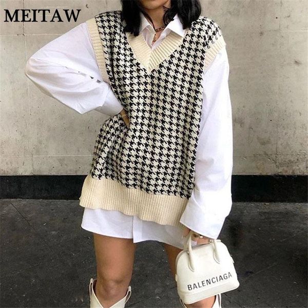 women houndstooth knitted pullover autumn winter sweater vest korean loose jumper 2021 casual v neck sleeveless women's sweaters, White;black
women houndstooth knitted pullover autumn winter sweater vest korean loose jumper 2021 casual v neck sleeveless women's sweaters, White;black
