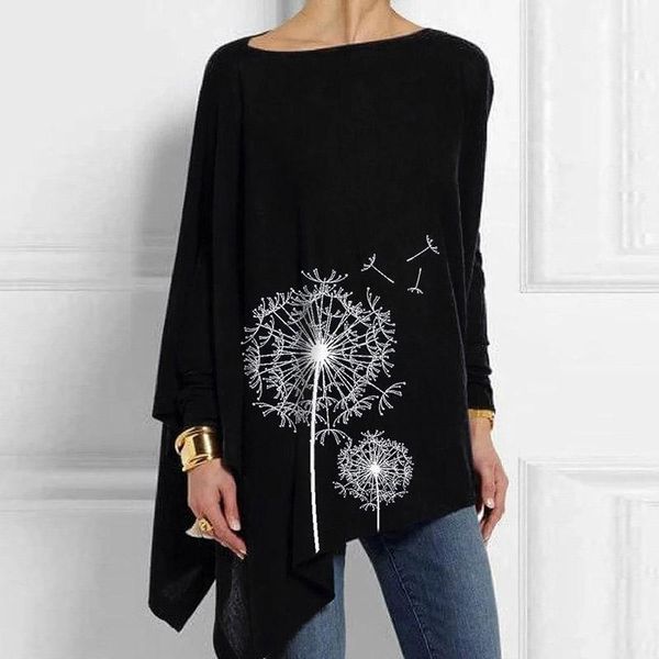 plus size t-shirt fashion irregular shirt women's dandelion print o-neck long-sleeved casual loose ladies lady, Black