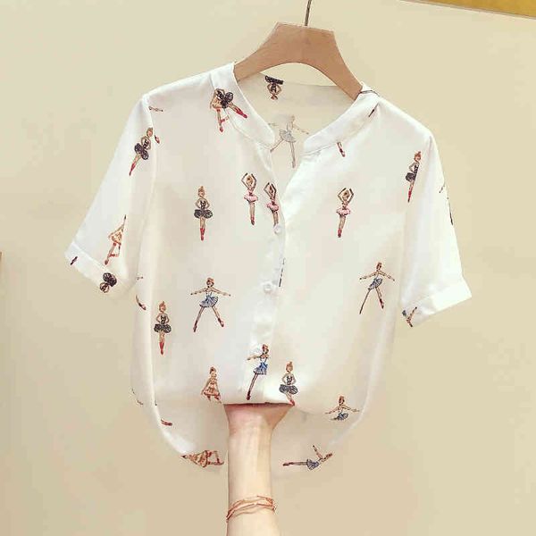 women v neck ballet girls print shirt summer chiffon blouse short sleeve shirts ladies blouuse blusas a3243 210428, White
women v neck ballet girls print shirt summer chiffon blouse short sleeve shirts ladies blouuse blusas a3243 210428, White