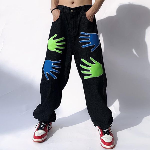 men's jeans leather hand letter print frayed casual pants for men streetwear straight retro ripped oversize vibe style denim trousers, Blue
men's jeans leather hand letter print frayed casual pants for men streetwear straight retro ripped oversize vibe style denim trousers, Blue