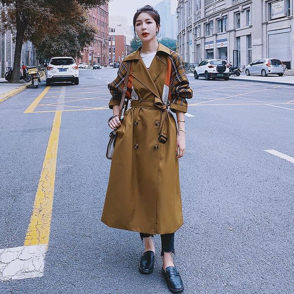women's trench coats retro plaid stitching windbreaker autumn design sense lapel coat female fashionable loose korean ladies cloak, Tan;black
women's trench coats retro plaid stitching windbreaker autumn design sense lapel coat female fashionable loose korean ladies cloak, Tan;black