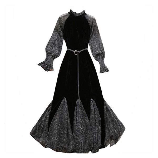 black lurex sash long sleeve midi puff stand collar patchwork dress d1400 210514, Black;gray
black lurex sash long sleeve midi puff stand collar patchwork dress d1400 210514, Black;gray