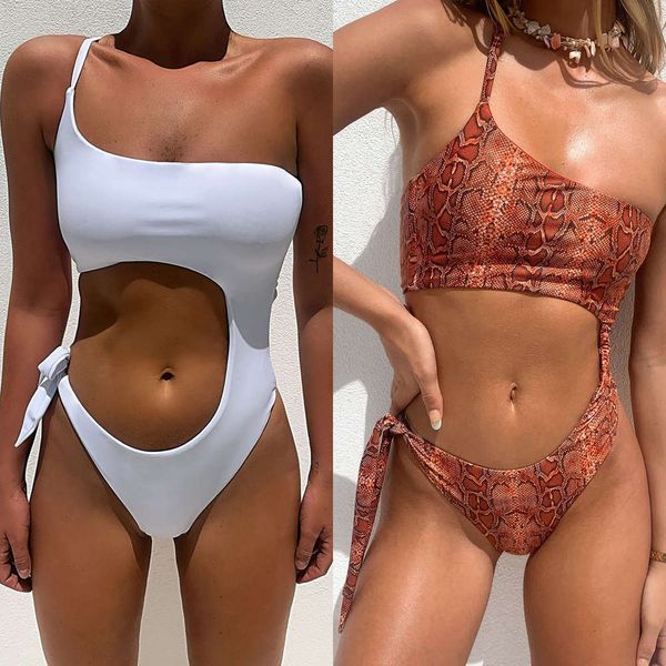one piece swimsuit snake print shoulder cut out bikini, White;black 
one piece swimsuit snake print shoulder cut out bikini, White;black