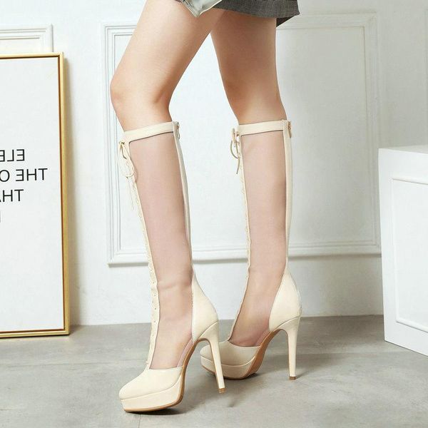 2021black white summer ladies knee high heel pu leather mesh female boots stiletto platform back zipper sandals, Black
2021black white summer ladies knee high heel pu leather mesh female boots stiletto platform back zipper sandals, Black