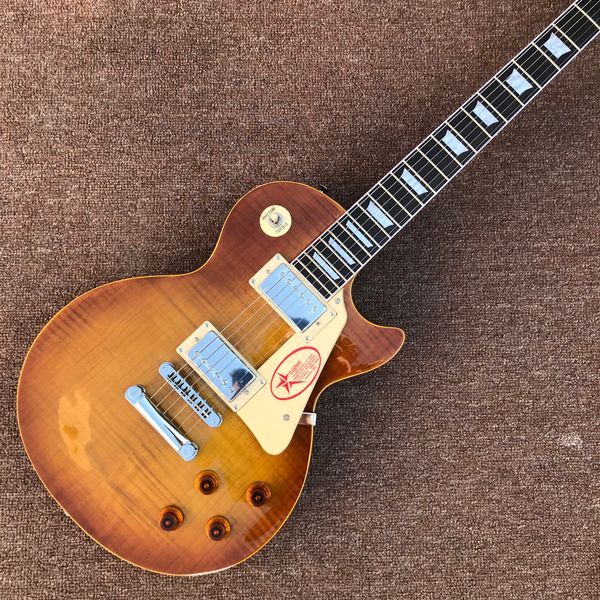 electric guitar, yellow frets binding, tobacco burst maple tune-o-matic bridge electric guitar
electric guitar, yellow frets binding, tobacco burst maple tune-o-matic bridge electric guitar