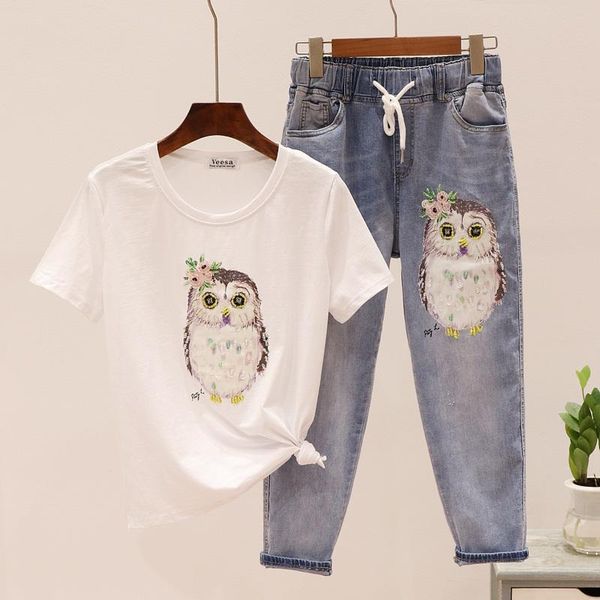 two piece dress summer outfits women beading bird print t shirt + elastic waist denim pants set korean loose black tee jeans femme 2pc, White
two piece dress summer outfits women beading bird print t shirt + elastic waist denim pants set korean loose black tee jeans femme 2pc, White