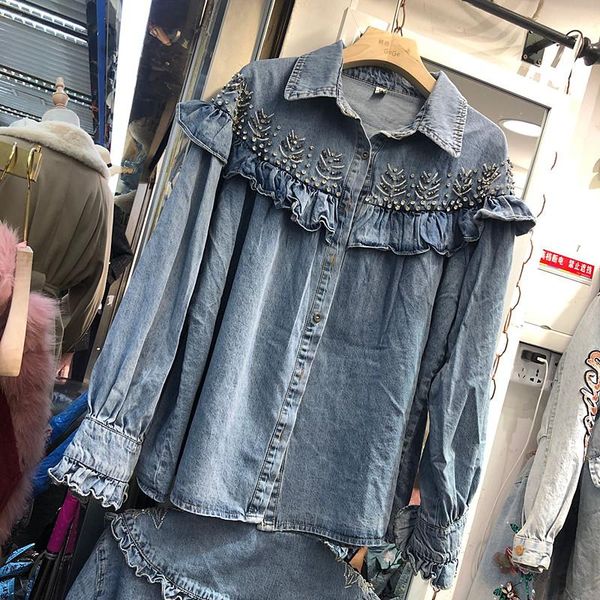 women's jackets 2021 spring fashion blouse women nail drill ruffle denim shirt loose casual jean shirts all-match blouses mujer, Black;brown
women's jackets 2021 spring fashion blouse women nail drill ruffle denim shirt loose casual jean shirts all-match blouses mujer, Black;brown