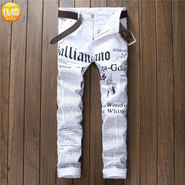 fashion jeans casual men's leggings trendy lettered spaper printed narrow white stretch pants, Blue
fashion jeans casual men's leggings trendy lettered spaper printed narrow white stretch pants, Blue