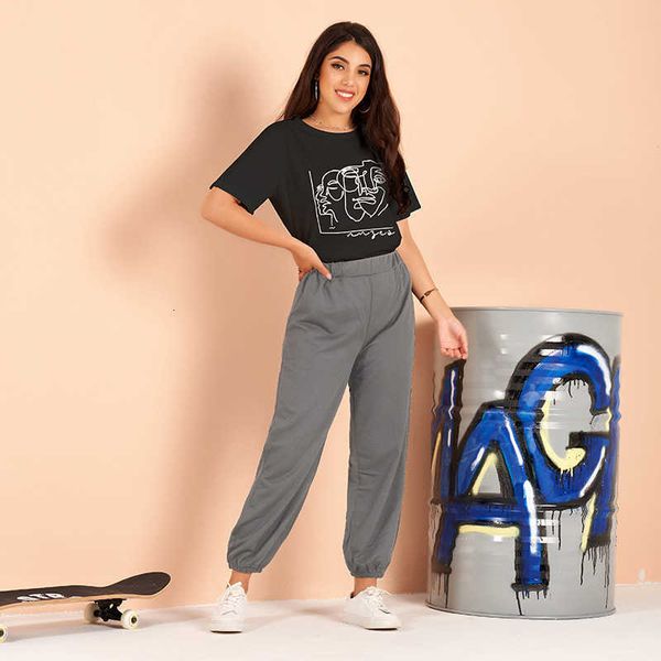 women's two piece pants summer fashion round neck sports style printed abstract pattern short-sleeved suit gktn, White
women's two piece pants summer fashion round neck sports style printed abstract pattern short-sleeved suit gktn, White