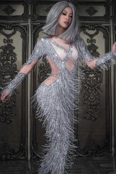 dress quality long sleeve silver tassel high elasticity jumpsuit nightclub dj party costumes, Black;gray
dress quality long sleeve silver tassel high elasticity jumpsuit nightclub dj party costumes, Black;gray