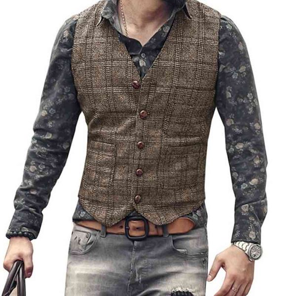 men's suit vt, striped plaid steampunk et, v-neck, slim fit, wedding drs, brown and black, White;black