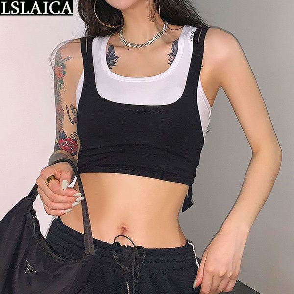 tank women summer fake two-piece white&black patchwork crop exposed navel casual streetwear for 210520
tank women summer fake two-piece white&black patchwork crop exposed navel casual streetwear for 210520