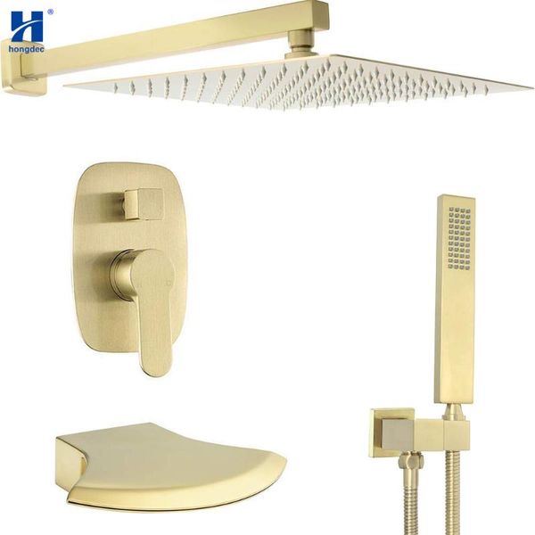 hongdec wall mounted brushed gold 12 inch rainfall shower system set with handheld head and waterfall spout tub bathroom sets
hongdec wall mounted brushed gold 12 inch rainfall shower system set with handheld head and waterfall spout tub bathroom sets