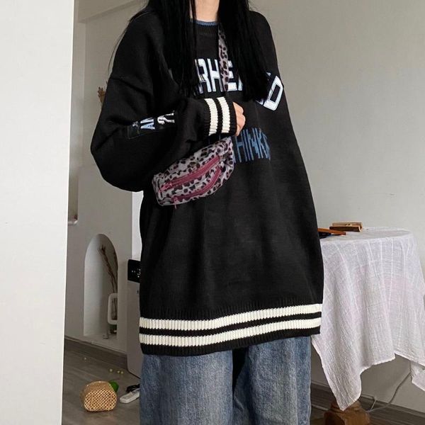 women's sweaters stripe pullovers autumn and winter letters stitching round neck sweater loose korean street bf wild knit outerwear 202, White;black
women's sweaters stripe pullovers autumn and winter letters stitching round neck sweater loose korean street bf wild knit outerwear 202, White;black