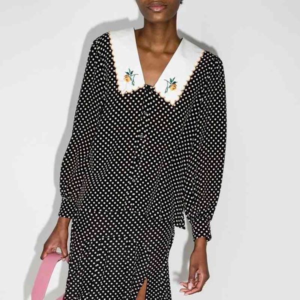 women's blouses & shirts dot embroidered t-shirt, fan-shaped lapel ball sleeve, White
women's blouses & shirts dot embroidered t-shirt, fan-shaped lapel ball sleeve, White