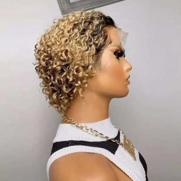

lace wigs colored human hair for black women pixie wig t part 1b/27 blonde front curly bob remy 130%, Black;brown