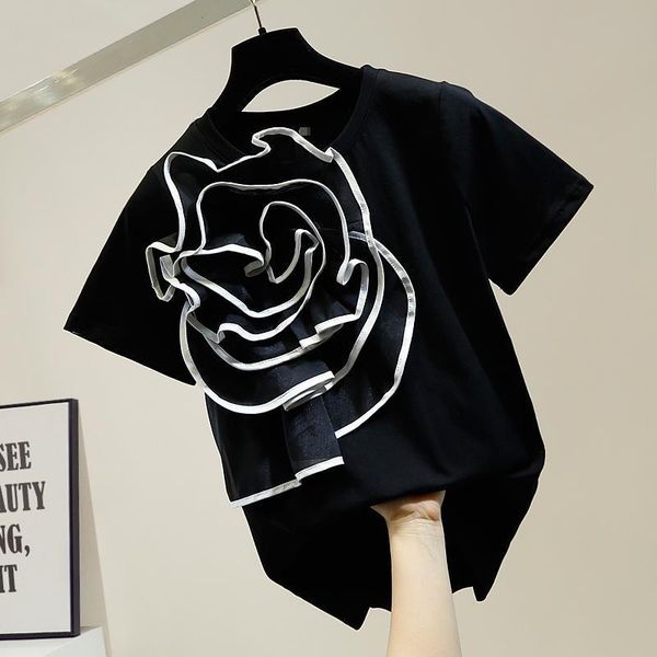 women's t-shirt 2021 summer simple line sense three dimensional big flower decoration short sleeve fashion design top, White
women's t-shirt 2021 summer simple line sense three dimensional big flower decoration short sleeve fashion design top, White