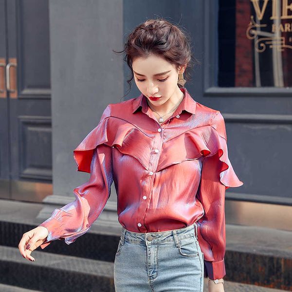 women's knits & tees spring autumn women ruffle blouses long sleeve fashion mermaid gradient polarized glossy shiny shirts ladies, White
women's knits & tees spring autumn women ruffle blouses long sleeve fashion mermaid gradient polarized glossy shiny shirts ladies, White