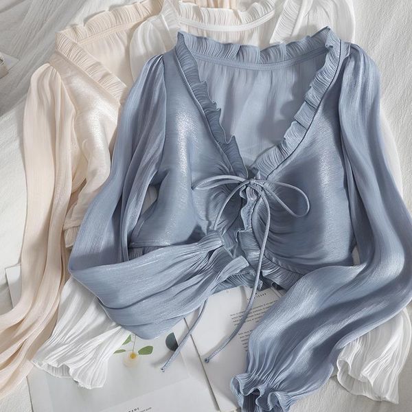 women's blouses & shirts women causal wood ears v-neck blouse lace cardigan spring summer solid long sleeve thin short shirt woman blus, White
women's blouses & shirts women causal wood ears v-neck blouse lace cardigan spring summer solid long sleeve thin short shirt woman blus, White