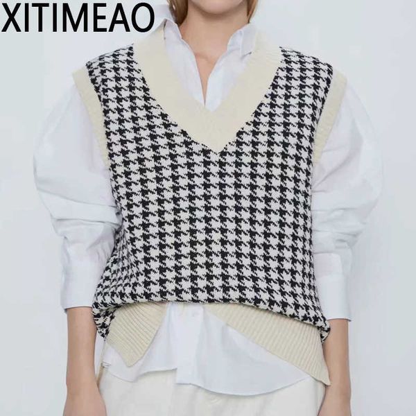za women fashion oversized houndstooth knitted vest sweater vintage sleeveless side vents female waistcoat chic 210604, White;black
za women fashion oversized houndstooth knitted vest sweater vintage sleeveless side vents female waistcoat chic 210604, White;black