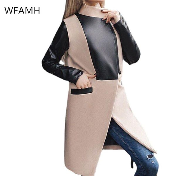 women's wool & blends 2021 autumn woolen stitching leather jacket fashion slim round neck cardigan mid-length coat polyester solid full, Black
women's wool & blends 2021 autumn woolen stitching leather jacket fashion slim round neck cardigan mid-length coat polyester solid full, Black