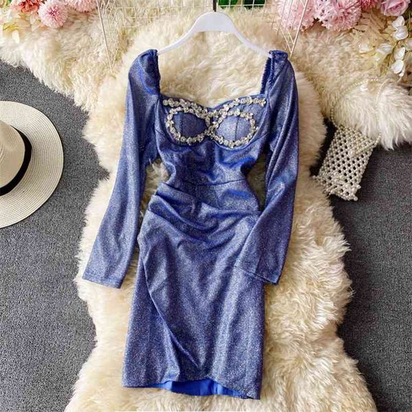 spring autumn dress style shine temperament square neck slim fit female tube party vestidos uk100 210507, Black;gray 
spring autumn dress style shine temperament square neck slim fit female tube party vestidos uk100 210507, Black;gray