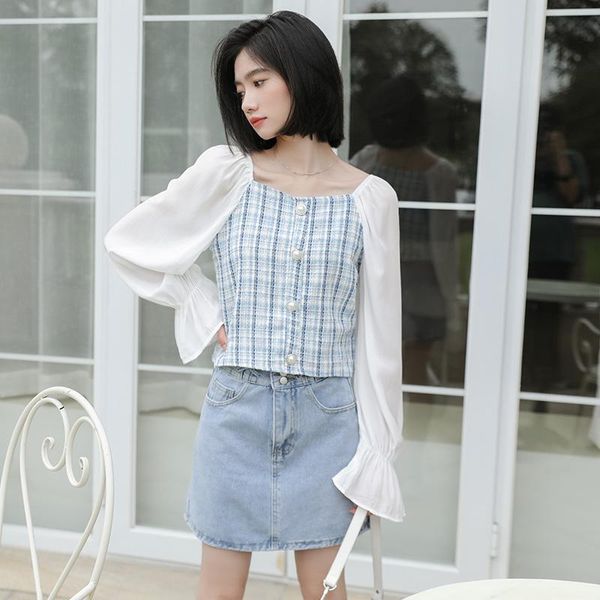 women shirts autumn 2021 fashion plaid chiffon stitching pearl button square collar sweet all-match blouse female women's blouses &, White
women shirts autumn 2021 fashion plaid chiffon stitching pearl button square collar sweet all-match blouse female women's blouses &, White