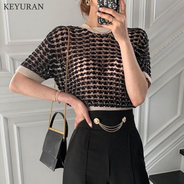 women's t-shirt women 2021 summer retro temperament round neck contrast color hollow out perspective short-sleeved sweater thin, White
women's t-shirt women 2021 summer retro temperament round neck contrast color hollow out perspective short-sleeved sweater thin, White