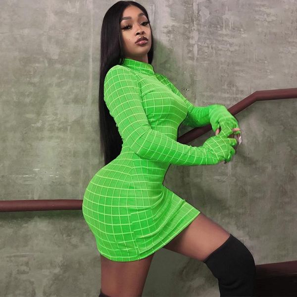 casual dresses lism turtleneck bodycon dress women plaid neon green mini slim long sleeve club party vestidos, Black;gray 
casual dresses lism turtleneck bodycon dress women plaid neon green mini slim long sleeve club party vestidos, Black;gray