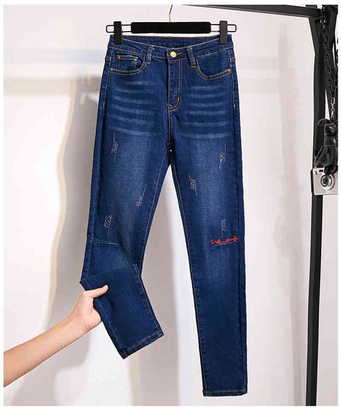 women's brim trousers with waist pencils mujer jeans plus size autumn knee embroidered thin stretch total length, Blue
women's brim trousers with waist pencils mujer jeans plus size autumn knee embroidered thin stretch total length, Blue
